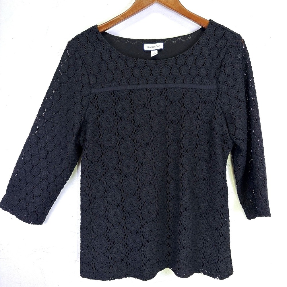 Charter Club Open Lace Knit Woman's Top Size XL Black Crochet Lace Classic Chic